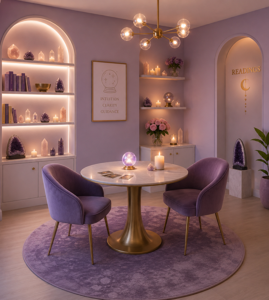 A cozy room with purple decor, a round table, two chairs, crystals, candles, and shelves with books and amethyst stones.